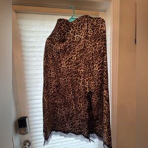 LOFT Leopard-Print Satin Midi Skirt with Lace Hem - Brown/Black